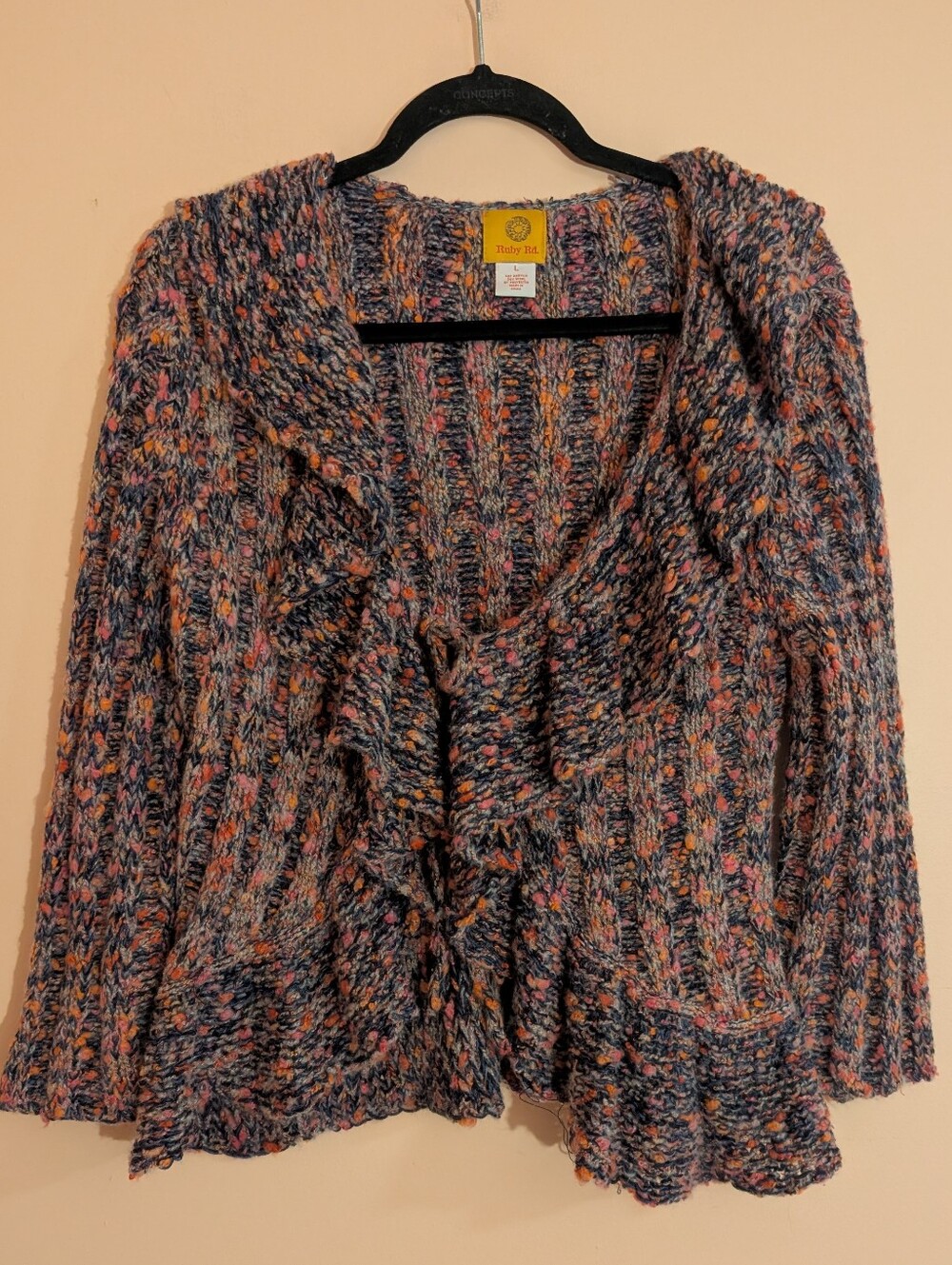 Ruby Rd. Multicolor Knit Ruffle Cardigan Sweater - Pink, Blue, Orange